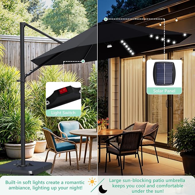 Greesum 10FT Outdoor Patio Umbrella with High Pedel and 4 Gear Heights, Large Offset Umbrella with Solar LED Lights and 360-degree Rotation, Without Base, Hanging Outdoor Shade for Garden, Black