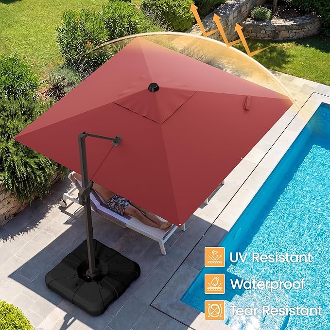 HASLE OUTFITTERS 10x10 FT Patio Cantilever Umbrella, Outdoor Offset Large Heavy Duty Umbrellas with 360° Rotation for Pool Garden Deck，Red