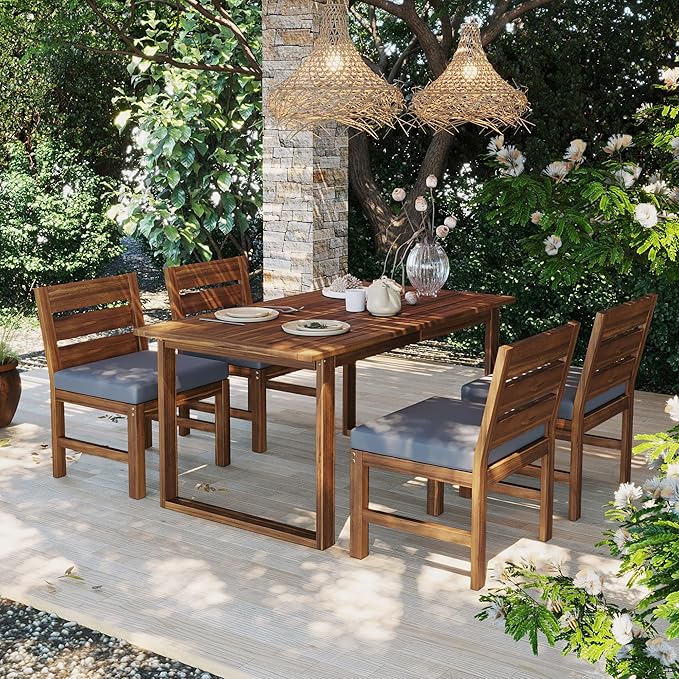 Farmhouse 5-Piece Outdoor Patio Dining Set for 4, Acacia Wood Table with Adjustable Legs, for Backyard Garden Deck (Brown,Gray 2)
