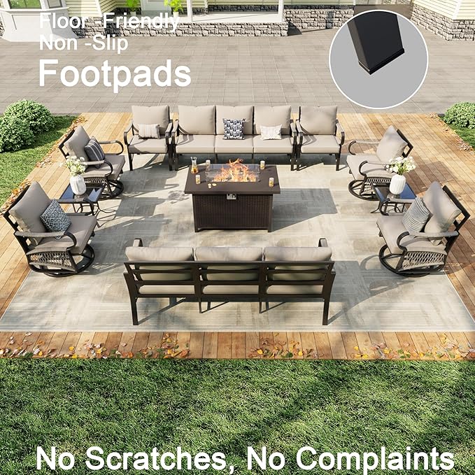 11 Pieces Patio Furniture Set, Metal Outdoor Conversation Sets with Fire Pit Table and Swivel Chairs for Backyard Garden Deck Porch Poolside (Thick Beige Cushions)