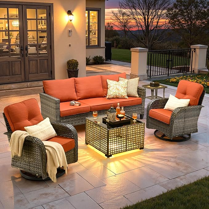 ovios 5 Pieces Patio Furniture Set, Outdoor Wicker Sofa Couch with Rocking Swivel Chairs Solar Lights Table, Modern Deep Seat Rattan Conversation Sets for Deck Porch, Orange Red