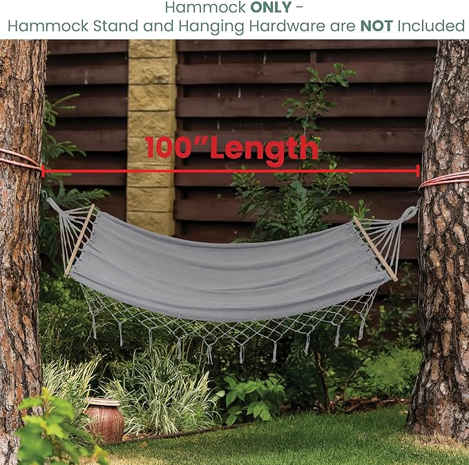Hammock with Netted Fringe and Wooden Bars - 100" x 41" - Gray