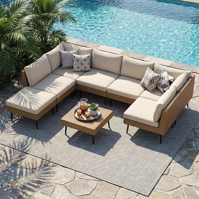 Vikiullf 8 Pieces Patio Conversation Set, Wicker Patio Furniture Set, Outdoor Sectional Sofa with Coffee Table, for Backyard Poolside Deck Patio, 4" Cushions & Modern Design