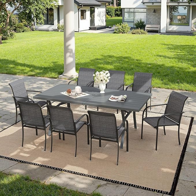 VICLLAX 9 Pieces Patio Outdoor Dining Set, 70" Outdoor Rectangular Metal Dining Table with Umbrella Hole and 8 Stackable Textilene Chairs for Lawn, Garden, Porch,Dark/Grey