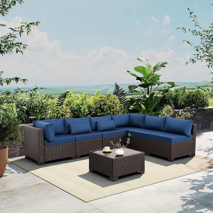 Rattaner Outdoor Sectional Sofa Set 7 Pieces Wicker Patio Furniture Couch Glass Table with Non-Slip Cushions Furniture Cover, Navy Blue