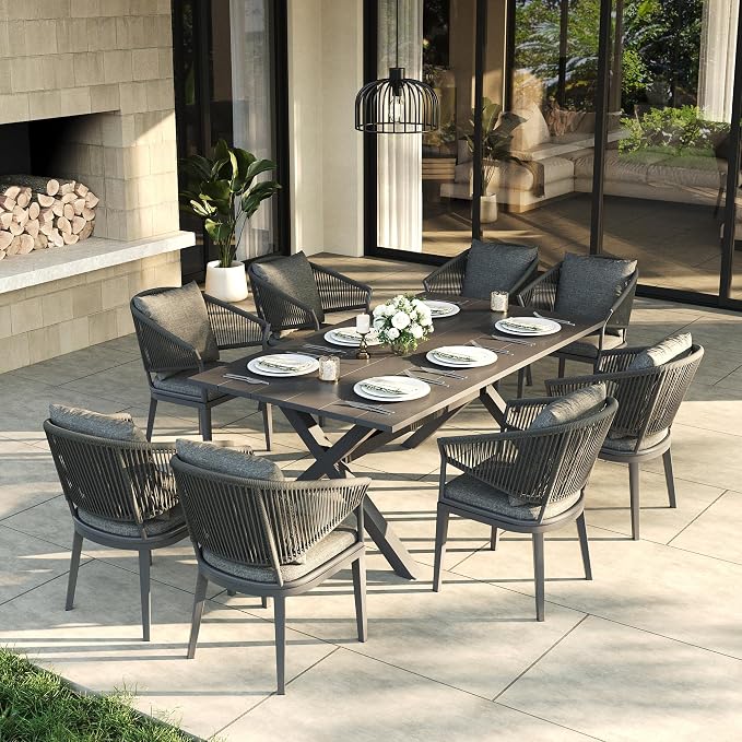 LayinSun 9 Piece Outdoor Dining Table Set, Aluminum Modern Rectangular Dining Table and All-Weather Wicker Chairs Set for Patio Deck Indoor Decor Kitchen
