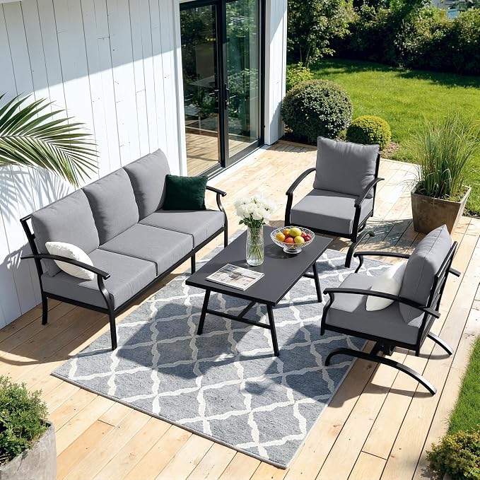 Kullavik Patio Furniture Set,2 Piece Metal Outdoor Patio Furniture Set,All Weather Modern Patio Conversation Sets w/3 Seater Sofa and Coffee Table for Balcony Deck,Grey