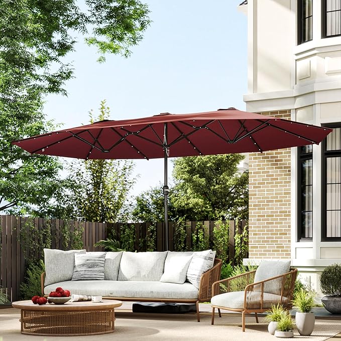 Outsunny 14.4ft Large Patio Umbrella with 36 Solar LED Lights, Double Sided Outdoor Umbrella with Base Included