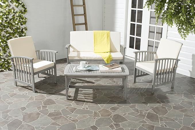 SAFAVIEH Outdoor Collection Rocklin Grey Wash/ Beige 4-Piece Conversation Patio Set with Cushions