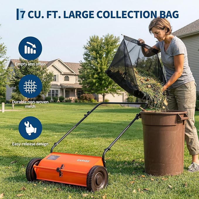 Garvee 26 Inch Push Lawn Sweeper, Walk Behind Leaf Grass Collector with 7 Cu ft Hopper Bag, Carbon Steel Frame, Yard Sweeper with Adjustable Brush Height for Garden Patio Driveway Leaves Cleanup
