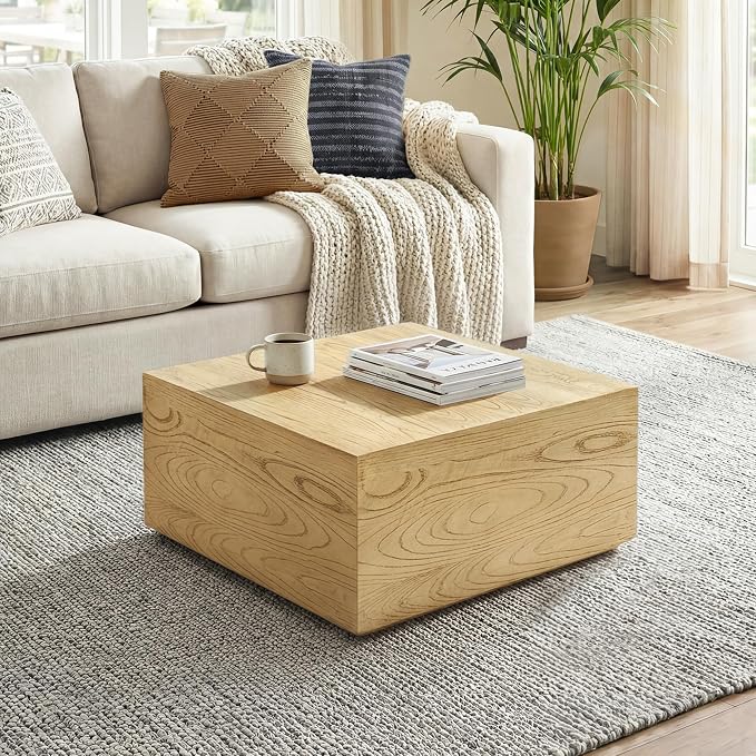 UPHA 28" Square Outdoor Coffee Table, Modern Hollow Concrete Patio Table, Small Minimalist Low Accent Table for Living Room, Balcony, Deck, Backyard, Natural Wood Finish