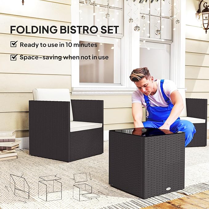 Outsunny 3 Piece Patio Furniture Set, Folding Outdoor Wicker Bistro Set with Washable Cushions, Adjustable Feet, and Glass Coffee Table, Easy Assembly for Garden, Balcony, Poolside, Backyard, Brown