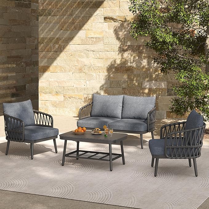 Christopher Knight Home Lena Patio Conversation Set, Two Club Chairs, Rope Woven Loveseat, Metal Frame Armchair, Rectangular Coffee Table, Outdoor Side Table and Chair Set for Backyard, Black+Gray