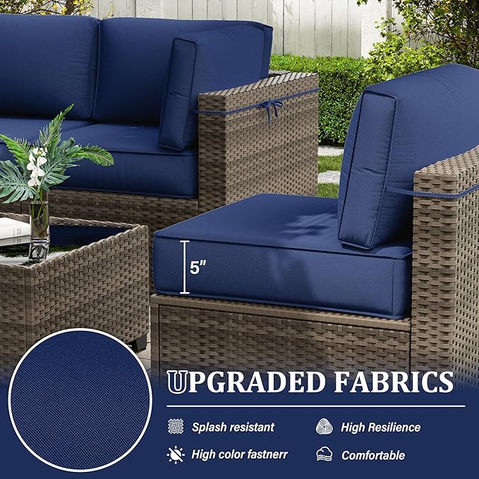 Outdoor Furniture Replacement Cushions, 5" Foam Foam High-Density, Fits 6-seat Sectional Rattan Conversation Set, 14 Piece Patio Water-Resistant Replacement Sofa Cushions, Liner&Cover