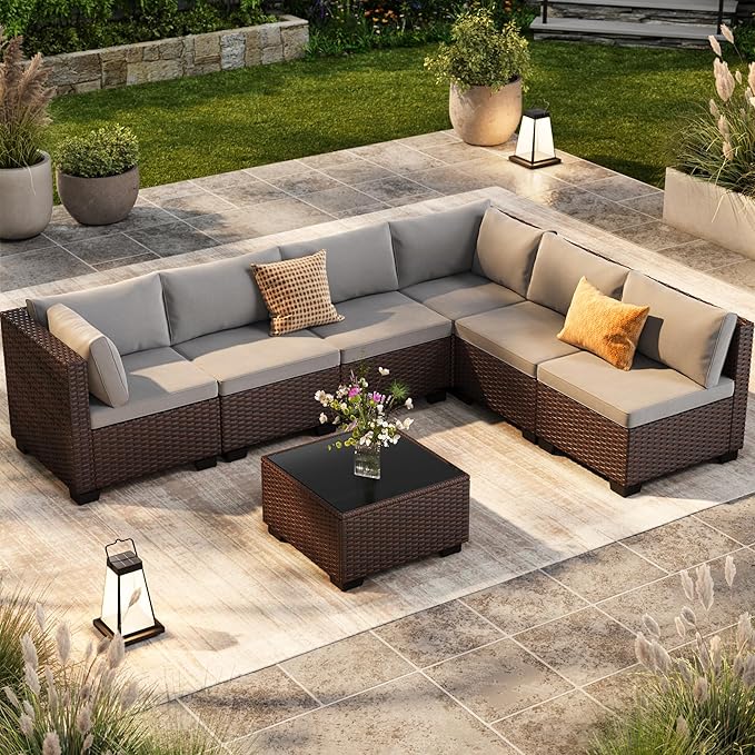 Ahomly 7-Piece Patio Furniture Set, Outdoor Sectional Couch with Water-Resistant Cushions & Coffee Table, PE Rattan Outdoor Patio Sofa Set for Backyard, Deck, Garden, or Porch, Grey