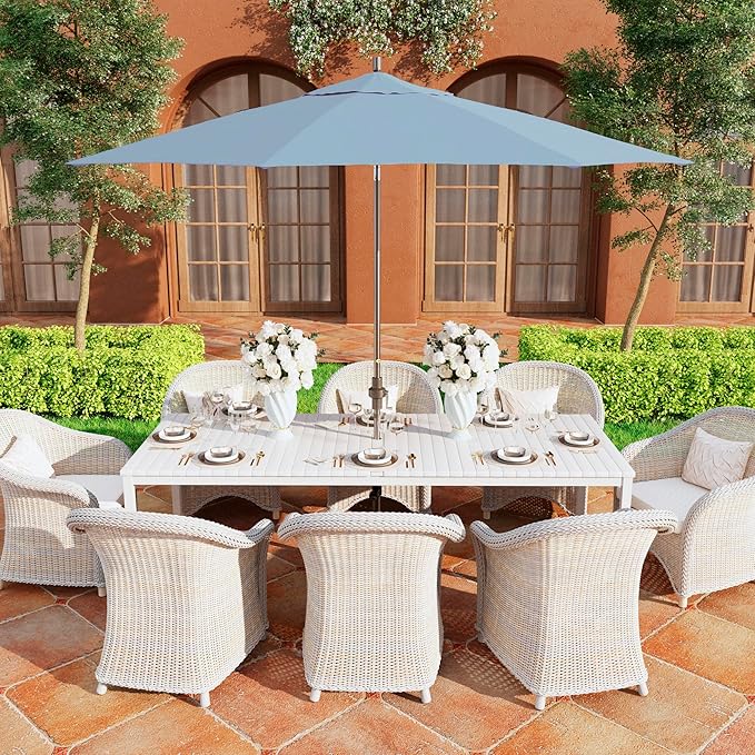 California Umbrella 11Ft Premium Sunbrella Patio Umbrella, Hand-Crank, Tilt-Collar, Gray Frame, Air Blue Fabric