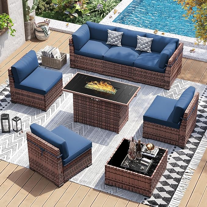 UDPATIO Patio Furniture Set with 44'' Fire Pit Table,Modular Outdoor Furniture Sets,Slanted Back Outdoor Sectional Conversation Set PE Rattan Sofa for Backyard W/Coffee Table,4'' Cushions,8 PCS,Blue
