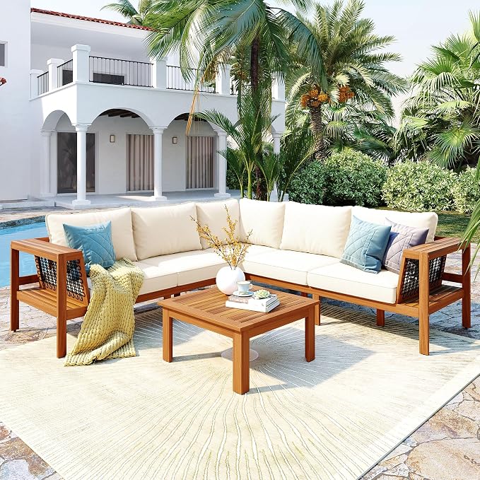 4 Pieces Outdoor Acacia Wood Sofa Set,Woven Mesh Armrests, L-Shaped Patio Furniture Sofa Set with Coffee Table, Outdoor Conversation Set (Beige+Teak#49)
