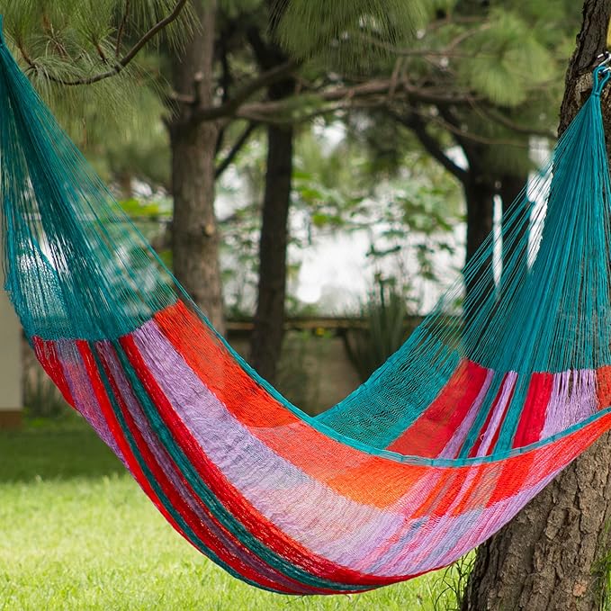 NOVICA Bright Pink Orange Turquoise Blue Striped Tropical Hand Woven Nylon Mayan 2 Person XL Rope Hammock with Hanging Accessories, 'Maya Celebration' (Double)