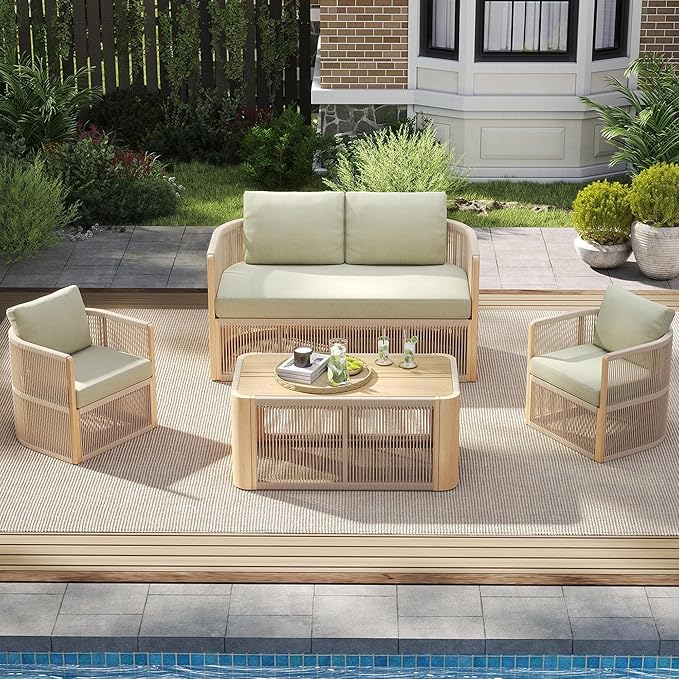 4 Piece Patio Furniture Set, Aluminum Patio Conversation Set, Rope Rattan Patio Sectional Sofa, All Weather Outdoor Sofa Couch with Coffee Table and Cushions for Lawn/Backyard/Deck, Green