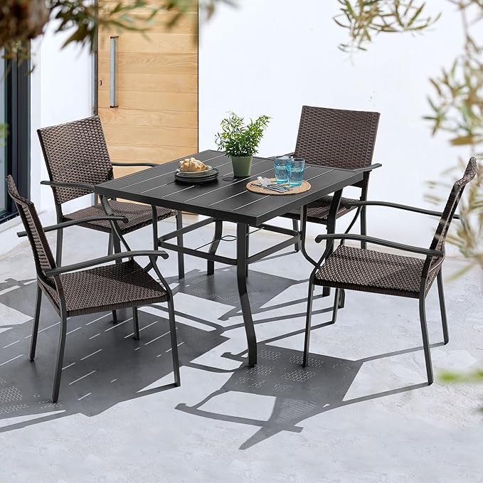NUU GARDEN Outdoor Dining Set 5-Piece Patio Dining Set with Umbrella Hole, Weather-Resistant Iron Table with 1.57'' Umbrella Hole and 4 Wicker Chairs for Yard, Deck and Poolside, Black