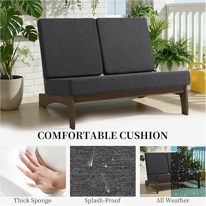 UIXE 2 Pieces All Weather Wood Patio Furniture Sets, Patio Loveseat Outdoor Sofa with Solid Wooden Coffee Table - Dark Gray