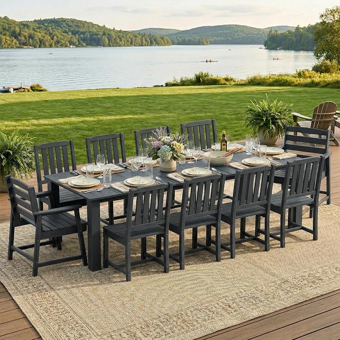 LOUNZY 11 Piece Patio Dining Set for 10, Outdoor Table and Chairs, Black | 89.4“ table,10 person HDPE outdoor dining set, 304 stainless steel, weather resistant up to 10 years for large gatherings