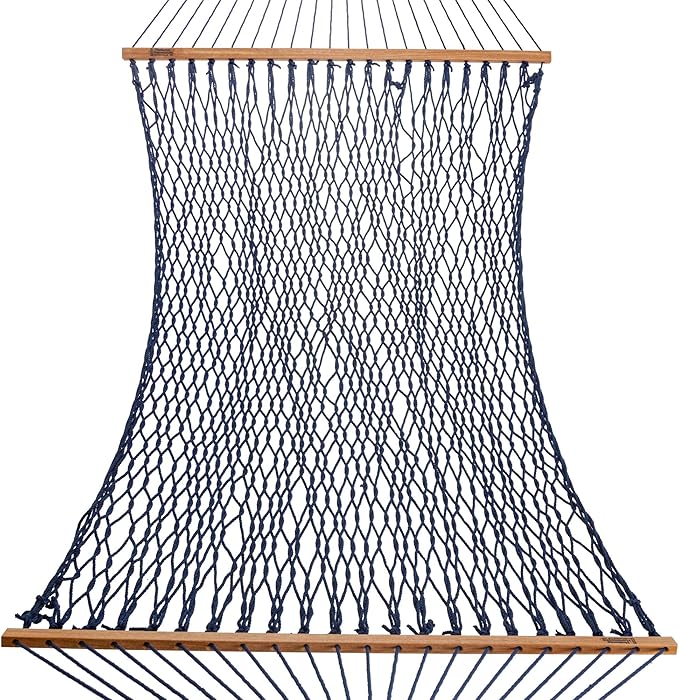 Hatteras Hammocks Large Navy DuraCord Rope Hammock – 13 ft. x 55 in., 2-Person, 450 lb Capacity, Cumaru Spreader Bar, Zinc-Plated Hardware – Handcrafted in The USA