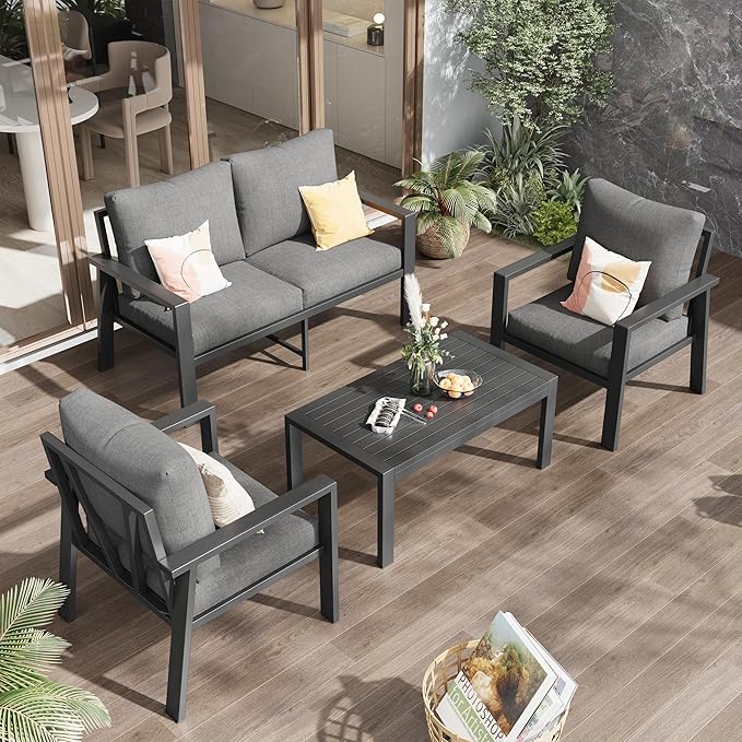 4-Piece Aluminum Outdoor Patio Furniture Sets All-Weather Patio Conversation Set Sectional Sofa with Coffee Table & Cushions with Removable Covers for for Deck Backyard Garden Poolside Balcony Porch