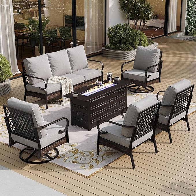 6 Piece Metal Outdoor Patio Furniture Set with Firepit Table, Patio Conversation Sets 1 3-Seater Chair, 2 Leg Sofa & 2 Swivel Chair with 5.75" Cushion for Backyard Deck, Light Gray