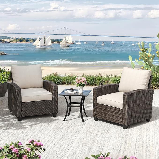 VICLLAX 3 Pieces Wicker Outdoor Furniture Set, PE Rattan Patio Conversation Set with 2 Single Chairs, Metal Side Table for Deck Porch Pool, Beige Cushion
