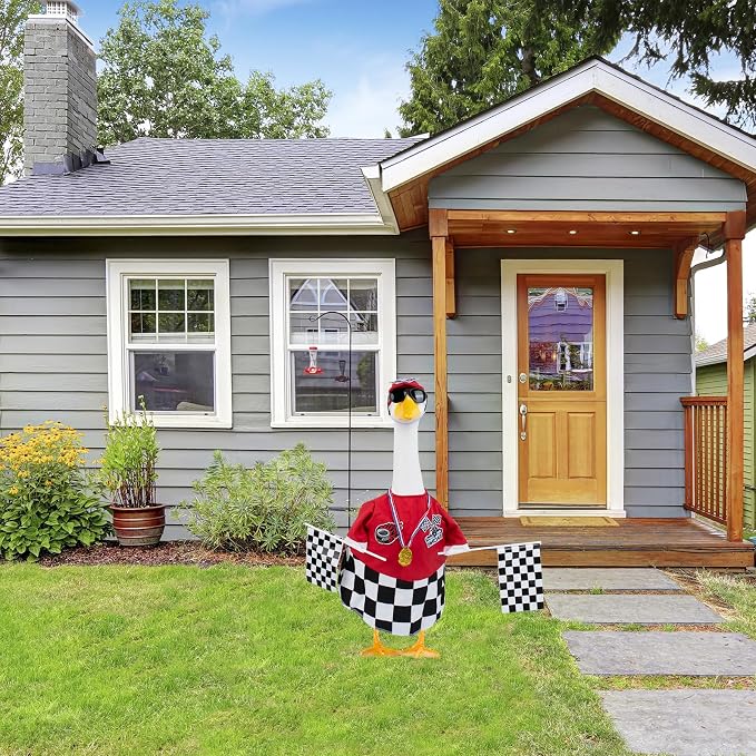 CAMDUCK Porch Goose Racing Outfits Race Car Driver Outfit Costume Racer Checkered Goose Clothes for Cement Lawn Geese