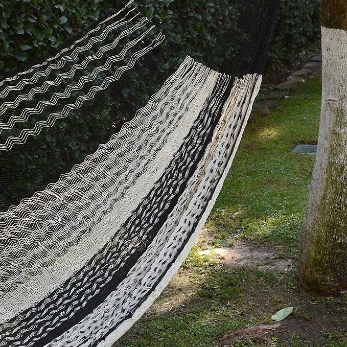 NOVICA Black Grey Striped Hand Woven Nylon Mayan 1 Person Rope Hammock with Hanging Accessories, 'Night Stripes' (Single)