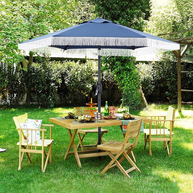 7.5ft Fringe Umbrella,Outdoor Market Umbrella with Push Button Tilt and Crack for Garden, Pool, Deck, Bistro,Navy Blue