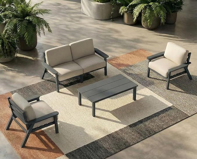HDPE 5 Piece Patio Furniture Set, Outdoor Sectional Furniture with Beige Washable Thick Cushions & Coffee Table, Patio Conversation Sets for Garden, Porch, Balcony, Deck (Grey Frame)