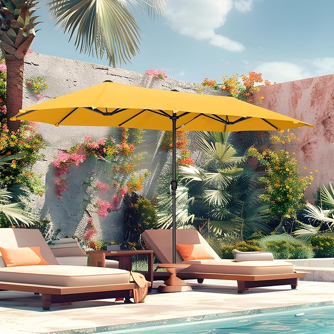 MFSTUDIO 13ft Outdoor Patio Umbrella, Double Sided Large Rectangular Umbrella Market Table Twin Triple Rectangle Umbrellas with Crank Handle for Outside Picnic Backyard Deck Pool (no base)