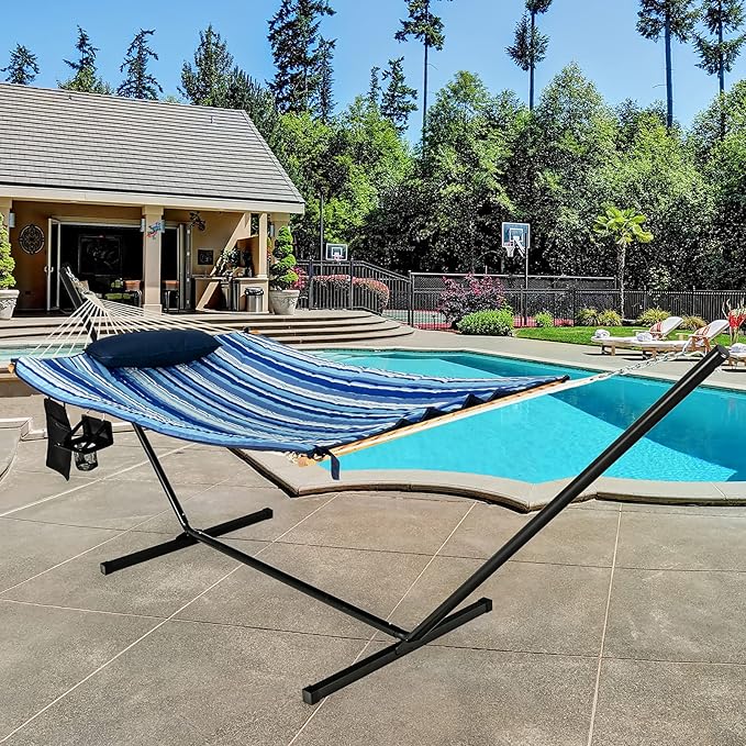 Tangkula Double Hammock with Stand, 2 Person 12Ft Steel Hammock Stand with Cotton Hammock, Pillow, Cup Holder, Carry Bag, Indoor Outdoor Hammock Combo for Backyard, Patio, Porch