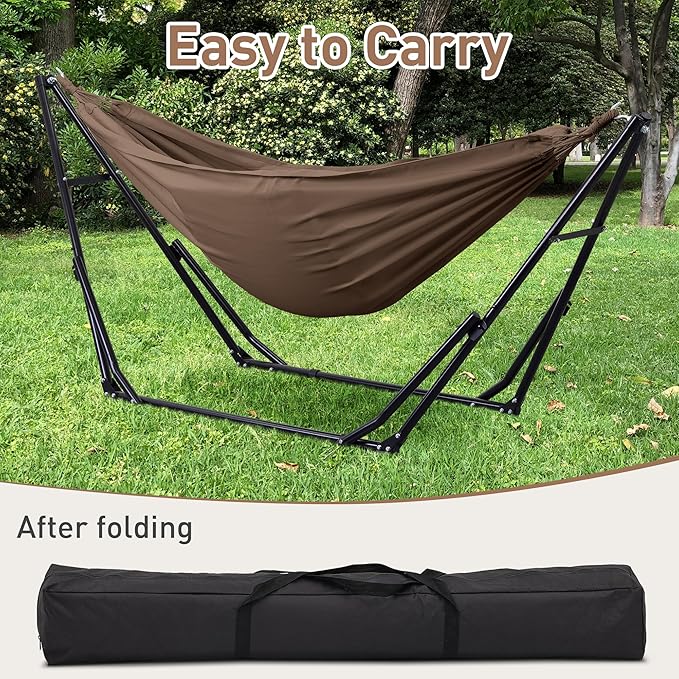 Ainfox Hammock with Foldable Stand, 2 in 1 Hammock and Swinging Chair with Carrying Bag, Portable Camping Chair Suitable for Outside, Swing,Patio,Garden,Camping Trip Coffee