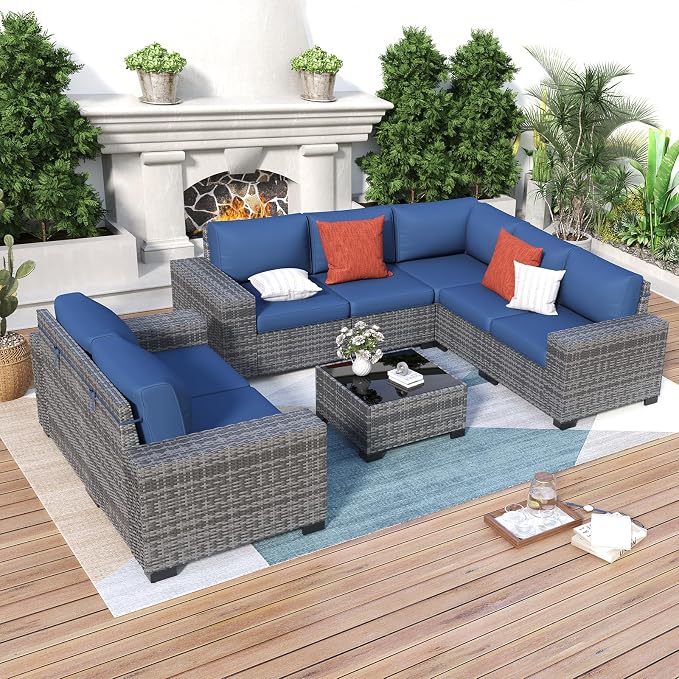 Outdoor Patio Furniture Set, 8‘’ Wide armrest Outdoor Sectional Rattan Sofa Set, Wicker Patio Furniture Sets w/Coffee Table,Thick Cushions for and Cover for Porch,Deck,8 PCS (Grey&Navy)