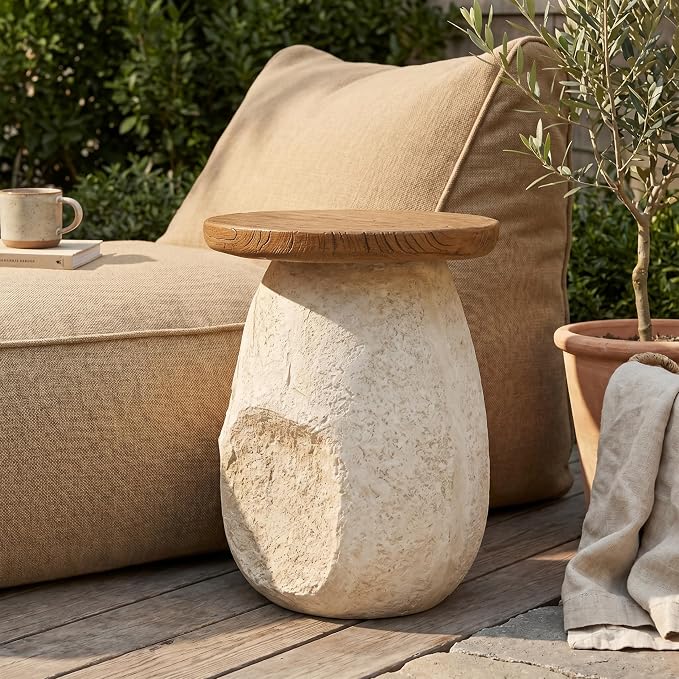 Outdoor Side Table, Modern Organic MGO Accent End Table for Patio, Living Room, Beige Tone Organic Pear-Shaped Base with Faux Wood Grain Top