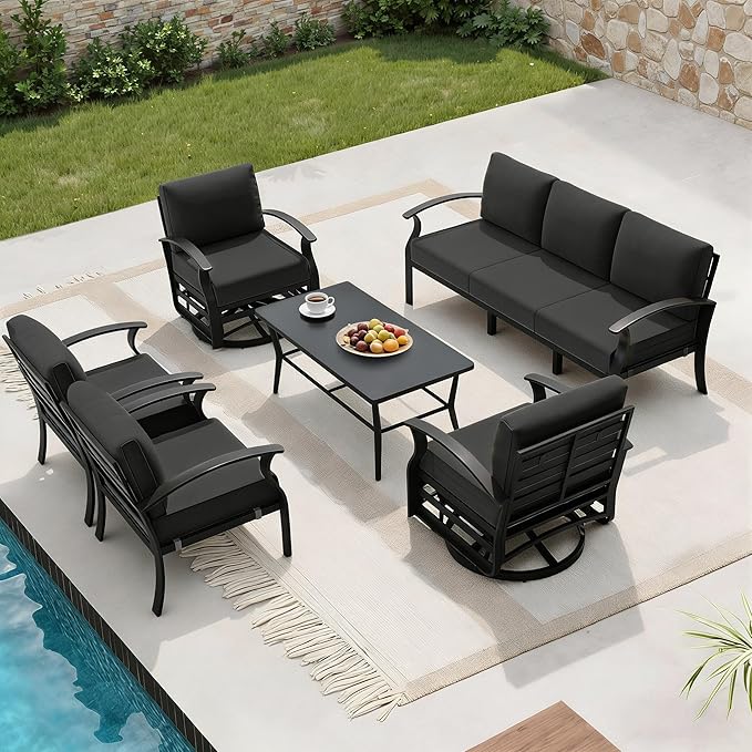 Aluminum Outdoor Patio Furniture Set,7 Seats Patio Conversation Sets with Rectangular Coffee Table,Metal Patio Sectional Furniture Set with 2 Swivel Rocking Chairs,Black