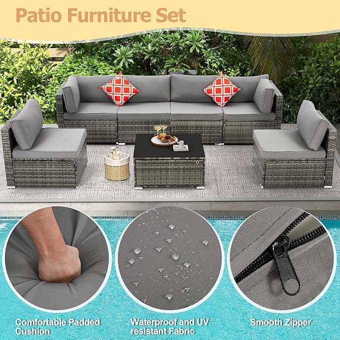 7 Piece Patio Furniture Set with Adjustable Bracket Grey Wicker Rattan Patio Conversation Sets Sectional Sofa Set with Table and Cushions for Porch Lawn Garden, Grey