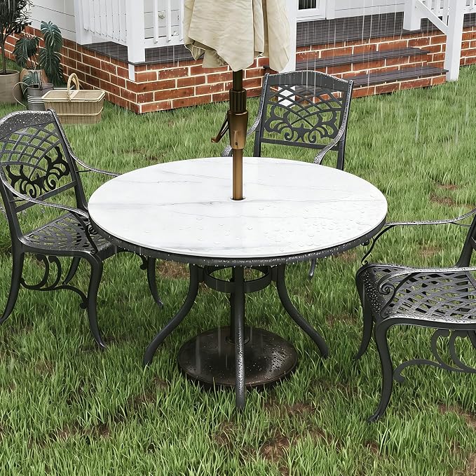 ZL ZELing Outdoor Round Patio Table Top with Umbrella Hole - 43.31 Inch Sintered Stone Dining Table for Outdoor Patio, Weather-Resistant Slate Countertop Replacement for Garden, Deck, Bar
