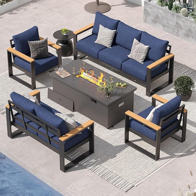 Sundale Outdoor Aluminum Patio Furniture Set, 5 Piece Outdoor Conversation Sets with Fire Pit and 6" Thick Olefin Cushions, All Weather Outdoor Sectional Set for Deck, Lawn, Yard (Navy Blue)