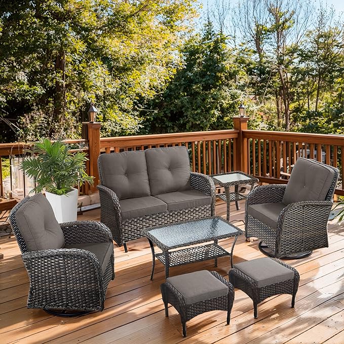 7 Piece Patio Furniture Set - Wicker Patio Conversation Set with Swivel Glider, Glider Loveseat, Tempered Glass Side Table and 2 Ottomans for Deck Backyard - Brown Wicker Grey Cushion