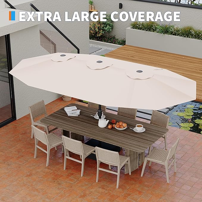 Double-Side Rectangular Pool Umbrella, 15ft Large Patio Umbrella with Base Included, Outdoor Market Umbrellas for Poolside Lawn Backyard