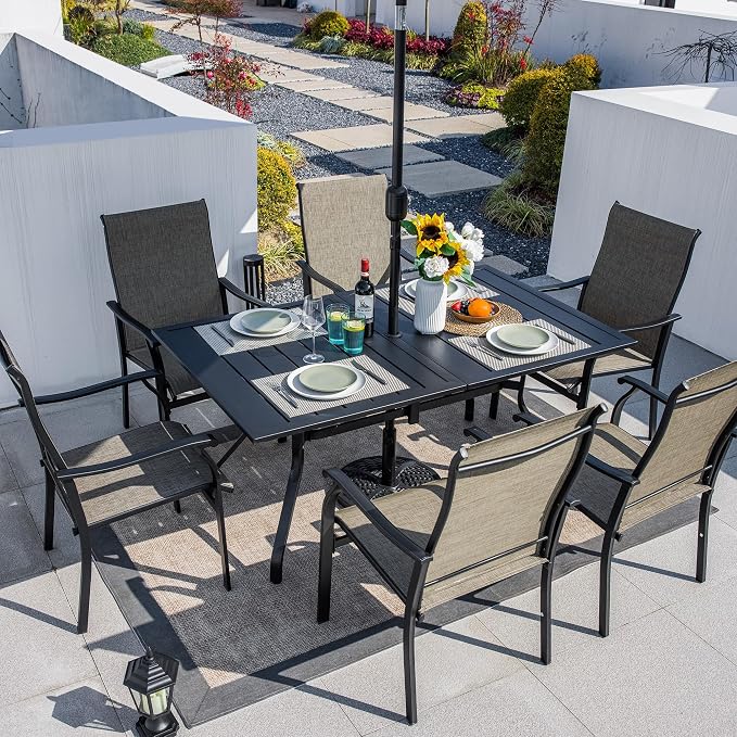 Sour Citrus 62" Rectangular Outdoor Metal Patio Dining Table for 6 with Umbrella Hole, Weather-Resistant Table for Garden, Backyard and Deck, Black