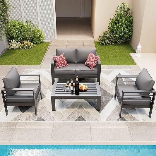 Amopatio Aluminum Patio Furniture, 5 Pcs Metal Modern Patio Furniture Set, Outdoor Sectional Sofa for Balcony, Garden, Dark Grey (Included Waterproof Covers)