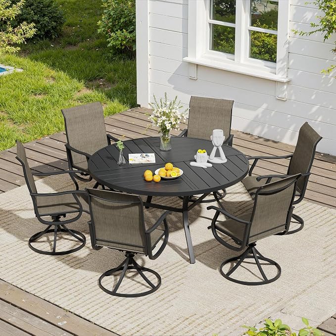 VICLLAX 47.2" Round Outdoor Table, Patio Dining Table for 6 with Umbrella Hole for Garden Lawn Deck Backyard, Black