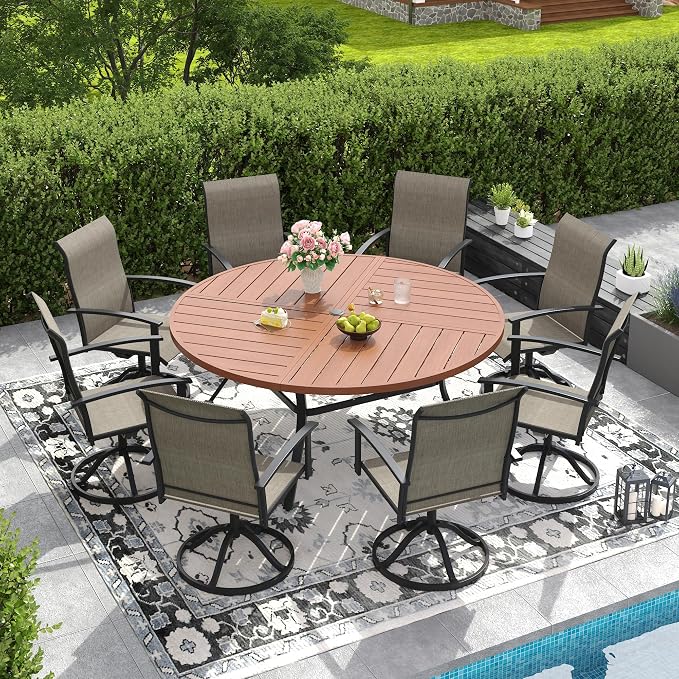 DIFY 9 Pieces Outdoor Dining Set, Metal Patio Table and Chairs Set for 8 with Umbrella Hole, 59.8" Walnut Round Table and Brown Textilene Swivel Patio Chairs for Garden, Backyard, Poolside